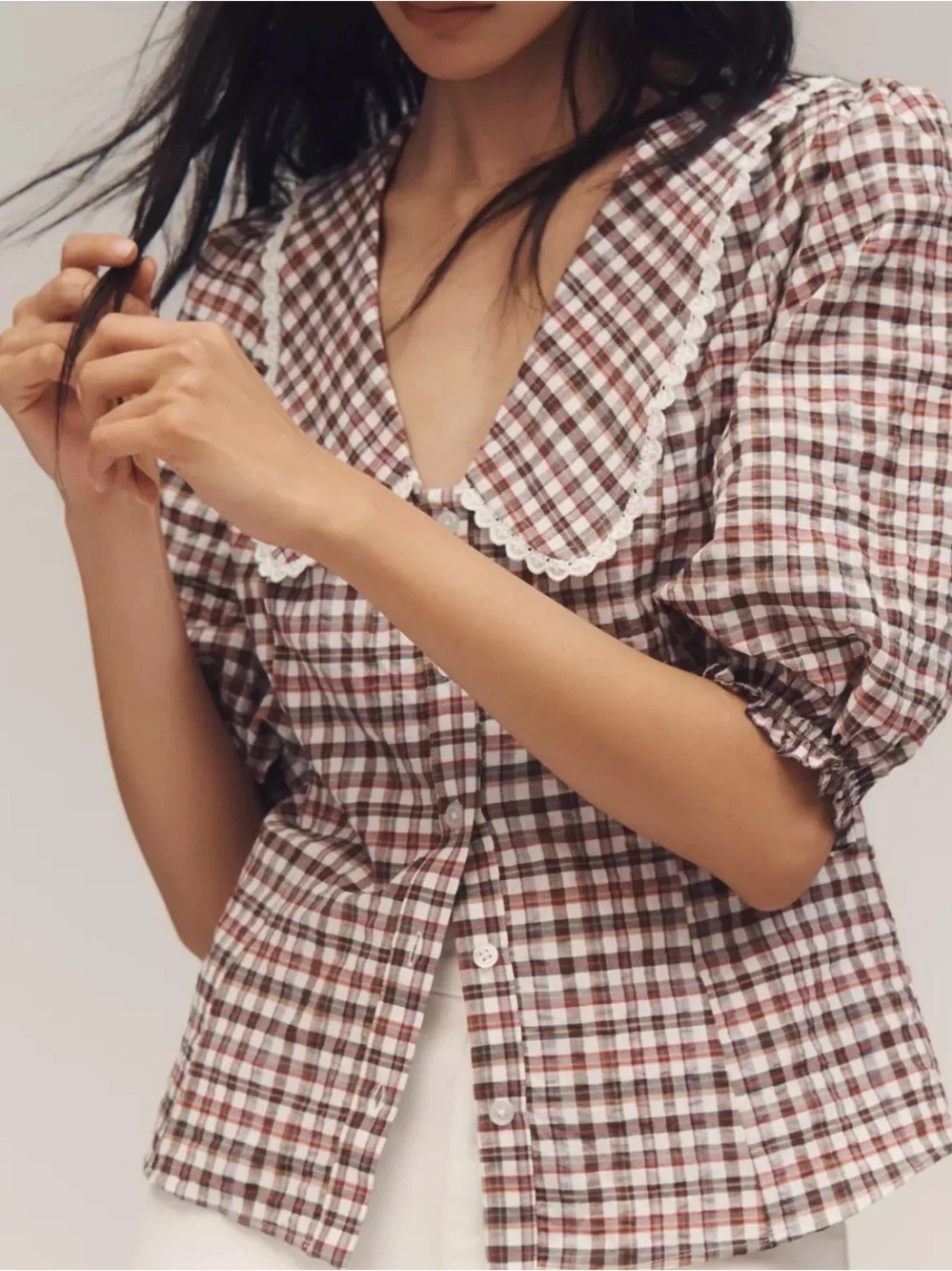 Anthropologie Brown and White Plaid Puff-Sleeve Button Top with Lace Collar
